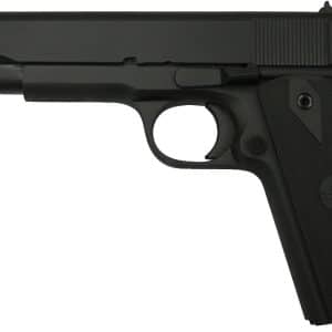 Left-side profile of a black semi-automatic pistol with a textured grip and Rock Island Armory logo on the slide.