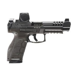 Side view of a semi-automatic pistol slide with rear sight and textured grip section visible