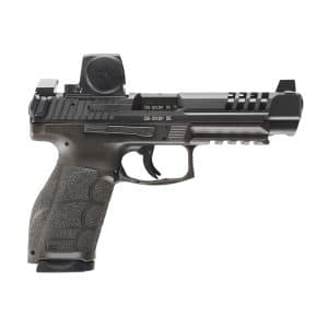 Close-up side view of a black semi-automatic pistol showing the slide, sights, and textured grip.