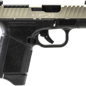 Side view of a semi-automatic pistol with a tan slide and black grip, showing textured grip panels and trigger guard.