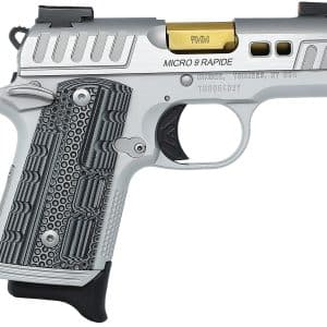 Side view of a silver compact semi-automatic pistol with a textured grip and gold-toned slide, labeled Micro 9 Rapid.