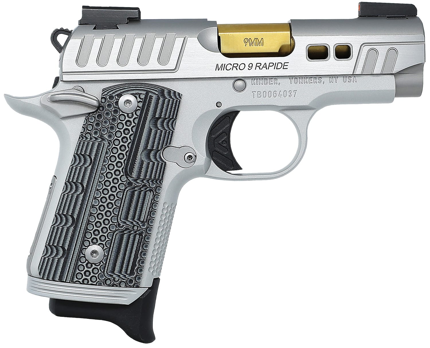 Side view of a silver compact semi-automatic pistol with a textured grip and gold-toned slide, labeled Micro 9 Rapid.