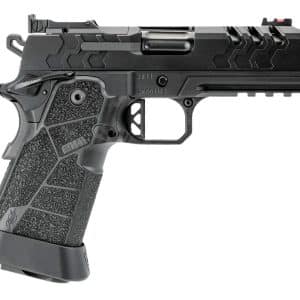 Black semi-automatic pistol shown in profile with a textured ergonomic grip and tactical styling
