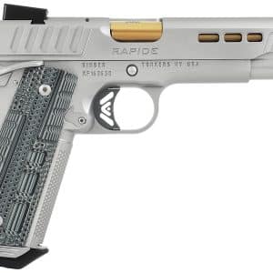 Silver semi-automatic pistol in side view with a textured grip and gold-toned chamber visible in the slide window.
