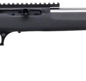 Side view of a black bolt-action hunting rifle with a synthetic stock and top rail on the receiver.