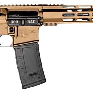 Tan and black AR-style rifle with collapsible stock, pistol grip, and 30-round magazine.
