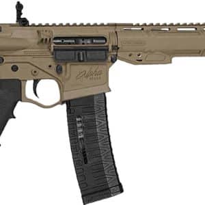 Tan AR-style rifle with a collapsible stock, black pistol grip, and a long tan handguard with a large curved magazine.