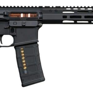 Black AR-style semi-automatic rifle with collapsible stock, pistol grip, long handguard, and a loaded magazine visible.