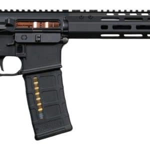 Black AR-style rifle with collapsible stock, polymer grip, and a detachable magazine.