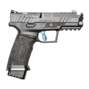 Semi-automatic pistol with a textured black grip, silver slide, and a blue trigger against a white background.