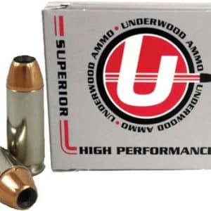 Two brass rifle cartridges with copper tips beside a white ammunition box bearing a red U logo and 'High Performance' text.