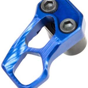Blue anodized bicycle stem clamp with two hex bolts, used to secure the handlebar to the steerer.
