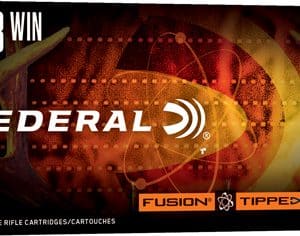 Federal Fusion tipped centerfire rifle cartridges box, 20 rounds, 95 grain, made in USA, for .243 Winchester.