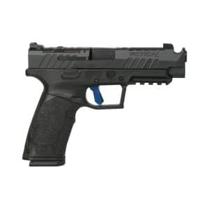 Side view of a black semi-automatic pistol with a blue trigger on a white background.