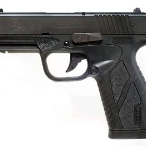 Left-side view of a black semi-automatic handgun with a textured grip and trigger guard.