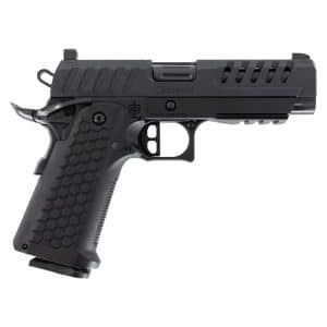 Black semi-automatic pistol with textured hexagonal grip and vented slide, shown side-on.