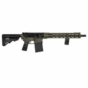 Side profile of a modern sporting rifle with olive-green handguard and black stock, detachable magazine visible under the magwell.