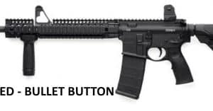 AR-style rifle with vertical foregrip and stock, caption reads 'CA APPROVED - BULLET BUTTON' indicating California-approved feature