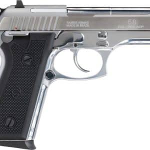 Side view of a chrome Taurus semi-automatic pistol with a black textured grip.
