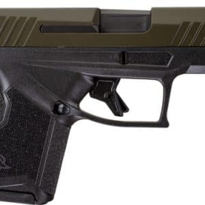 Side view of a semi-automatic pistol with an olive green slide and black grip.