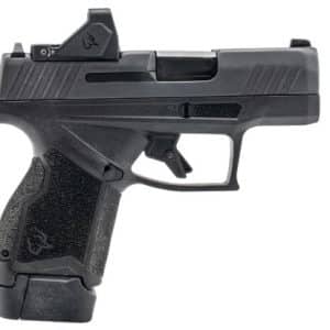 Side view of a black compact semi-automatic pistol with a textured grip and visible trigger guard, shown from the left.