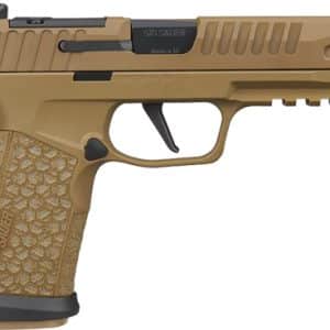Tan SIG Sauer semi-automatic pistol with textured grip and accessory rail, shown in side profile.
