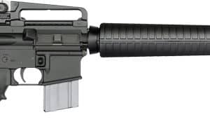 Black AR-15–style semi-automatic rifle with a detachable magazine, carry handle, and ribbed handguard, pointing to the right.