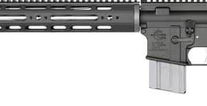 AR-15 style semi-automatic rifle with a long barrel, quad-rail handguard, and a detachable magazine installed in a collapsed stock setup