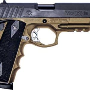 Tan and black semi-automatic handgun shown in profile (side view).
