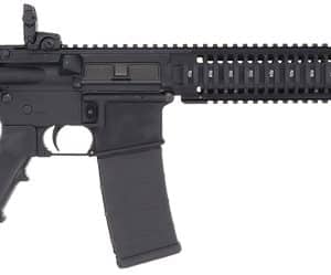 Black semi-automatic rifle with collapsible stock, modular handguard, front sights, and a detachable magazine.