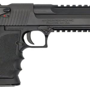 Left-side view of a black Desert Eagle semi-automatic pistol with a textured grip and top Picatinny rail.