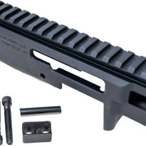 Black Picatinny rail handguard with mounting hardware (screws and spacer) for attaching to a firearm.