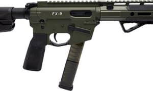 Olive green FX-9 semi-automatic rifle in profile with adjustable stock and railed handguard.