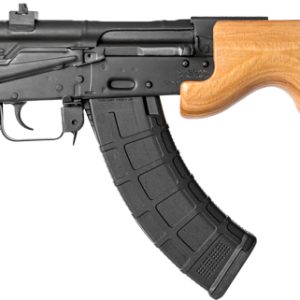 AK-style assault rifle with wooden foregrip and curved magazine on a black body