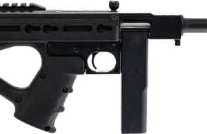 Black bullpup-style rifle with a long barrel and a downward vertical magazine, shown from the side with a top rail.