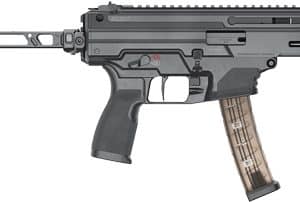Black modern assault rifle with collapsible stock, top rail, and a tan curved magazine.