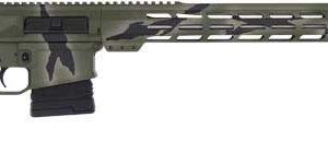Camouflage-pattern AR-style rifle with adjustable stock and long handguard.