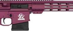 Purple AR-15 style semi-automatic rifle with black stock and grip, and a skull emblem on the lower receiver.