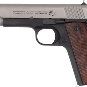 Colt Government Model .45 semi-automatic pistol with a stainless slide and checkered wooden grip panels.