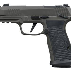 Side view of a gray SIG Sauer P365 handgun with textured grip and visible slide serrations.