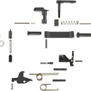 Assorted small firearm components and springs laid out on a white background, showing a disassembled gun maintenance kit.