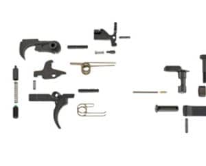 Exploded diagram of a disassembled handgun with components laid out from grip to barrel for assembly reference.