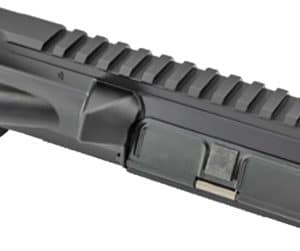 Side view of a black AR-style upper receiver with a long Picatinny rail on top.