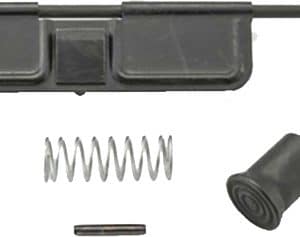 Assorted repair kit parts laid out: a long black rod with two rectangular sections, plus a coiled spring, a small black cap, a short metal pin, and a black plastic plunger/connector.