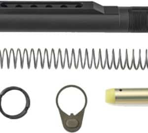 Disassembled firearm buffer tube kit: long black cylindrical piece, a long compression spring, two circular rings, and a brass-colored component with a yellow tip.