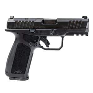 Semi-automatic handgun shown in profile with textured grip and rail underside, black finish, side-mounted safety and trigger guard visible