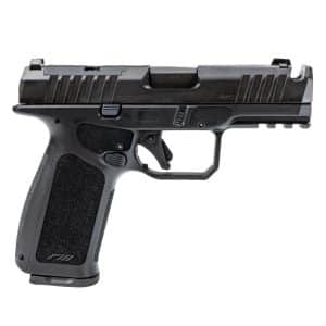 Side view of a modern black semi-automatic pistol with textured grip and rails on the frame