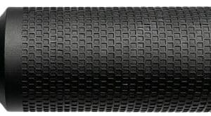 Close-up of a black cylindrical microphone with a knurled/textured grip and cap on the left.