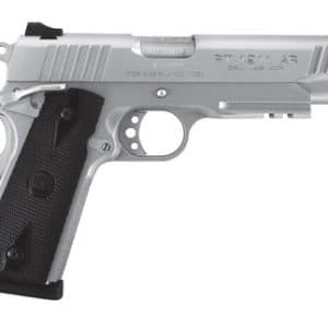 Semi-automatic pistol shown in profile with a silver finish and black textured grip.