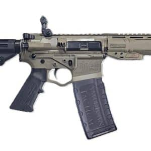 Tan and black semi-automatic rifle with a curved magazine and flip-up sights shown in profile